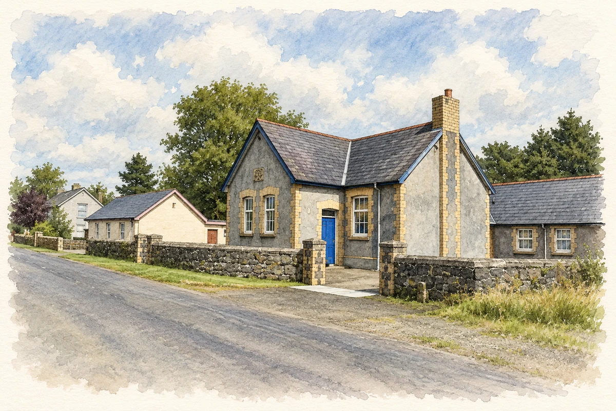 Watercolour and fine ink illustration of The old school, Caddy, County Antrim.