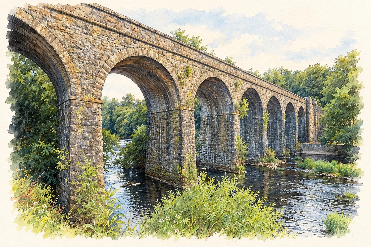 Watercolour and fine ink illustration of Randalstown Viaduct over the River Maine.
