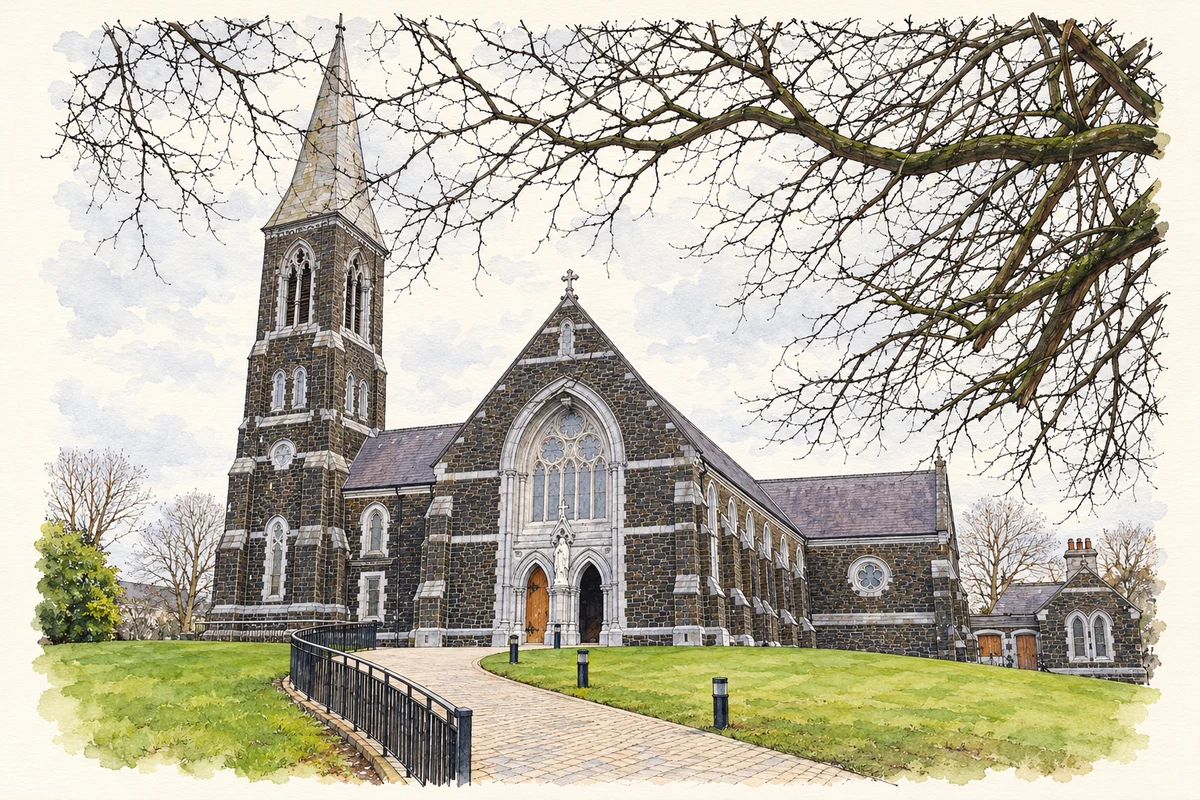 Watercolour and fine ink illustration of Our Lady of Lourdes Church at Moneyglass, as photographed in December 2007.