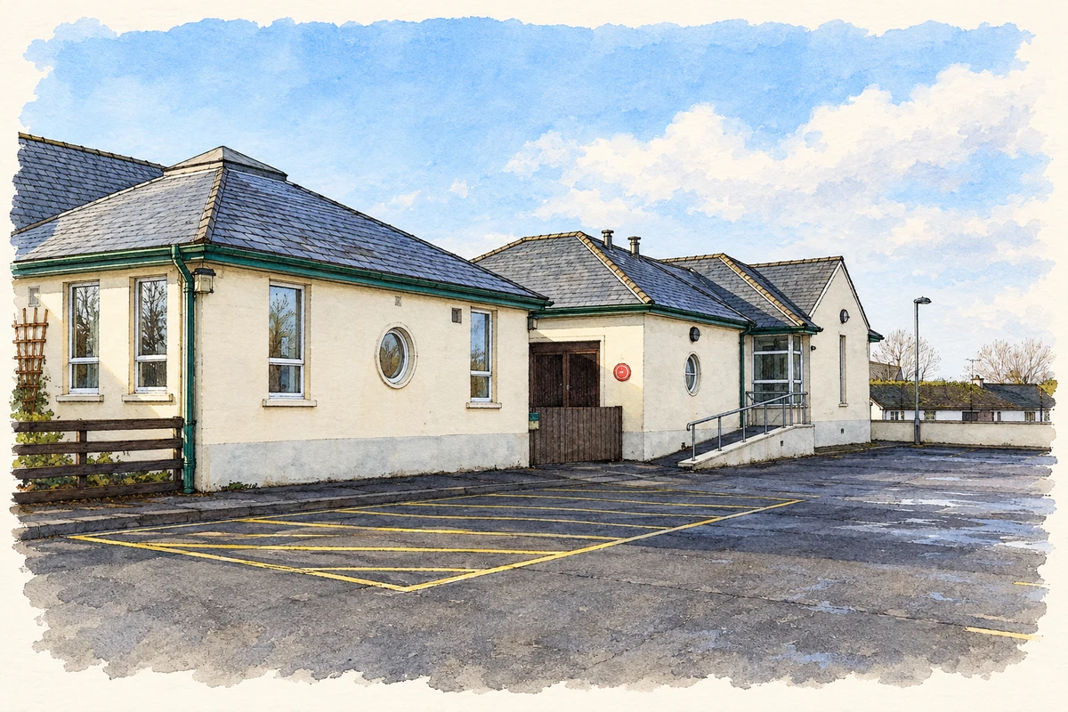 Watercolour and fine ink illustration of Moneynick Primary School, as photographed in February 2012.