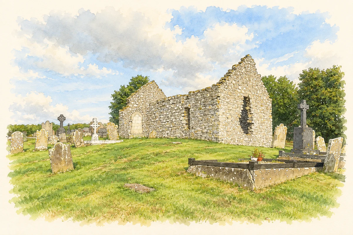 Watercolour and fine ink illustration of The roofless ruins of nearby Cranfield Church, by Staffordstown, as photographed in August 2026.