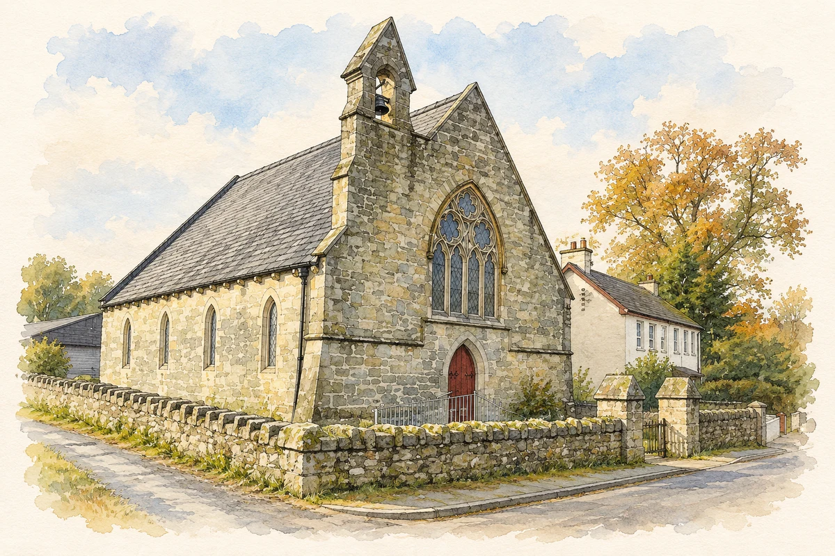 Watercolour and fine ink illustration of St Mark's Church of Ireland, Augher, County Tyrone.