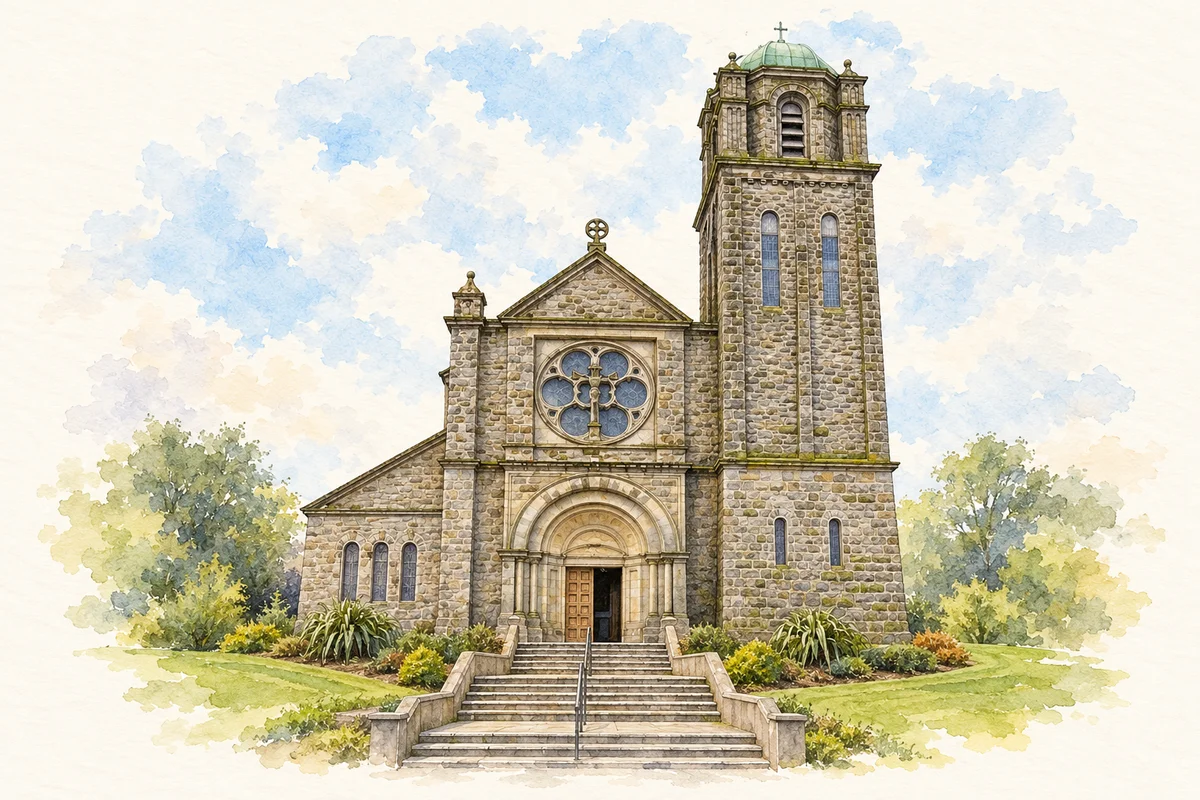 Watercolour and ink of Saint Mary's Catholic Church in Aughnacloy.