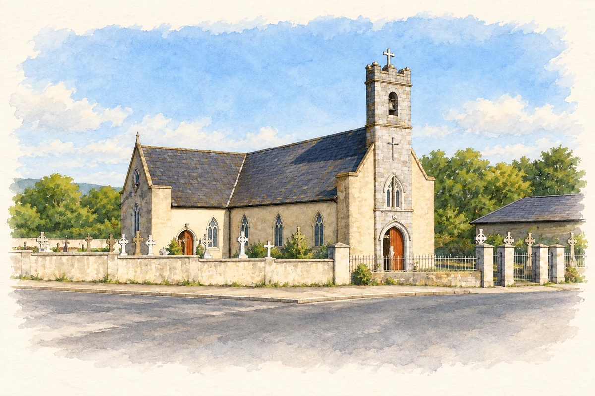 Watercolour and fine ink illustration of Our Lady and St Kieran's Church, Ballylooby.