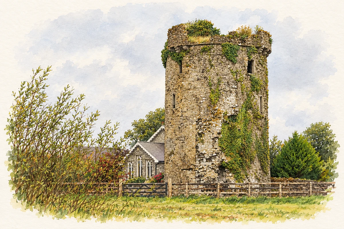 Watercolour and fine ink illustration of Synone Castle remains, near Boherlahan.