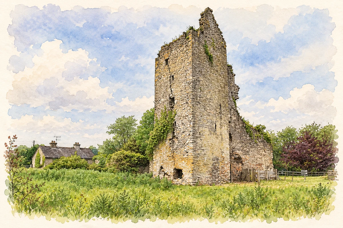 Watercolour and fine ink illustration of Borrisoleigh Castle remains.