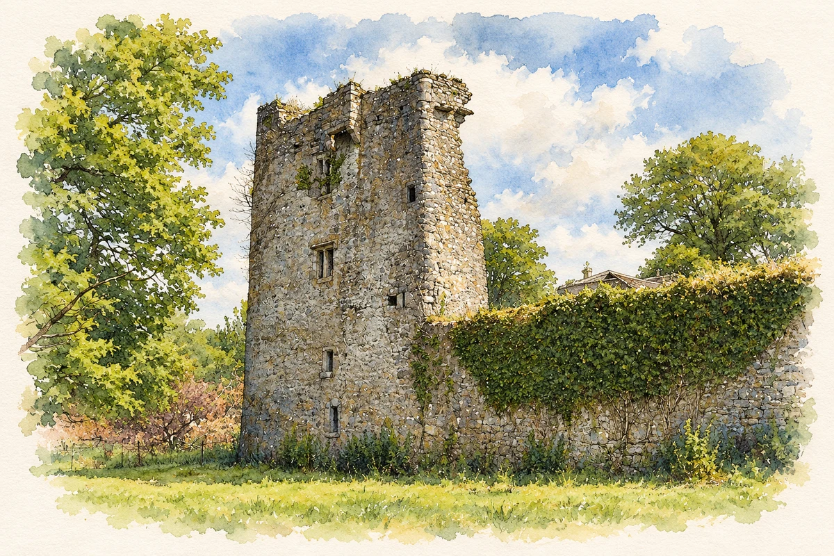 Watercolour and fine ink illustration of Carneycastle remains, near Carney, County Tipperary.