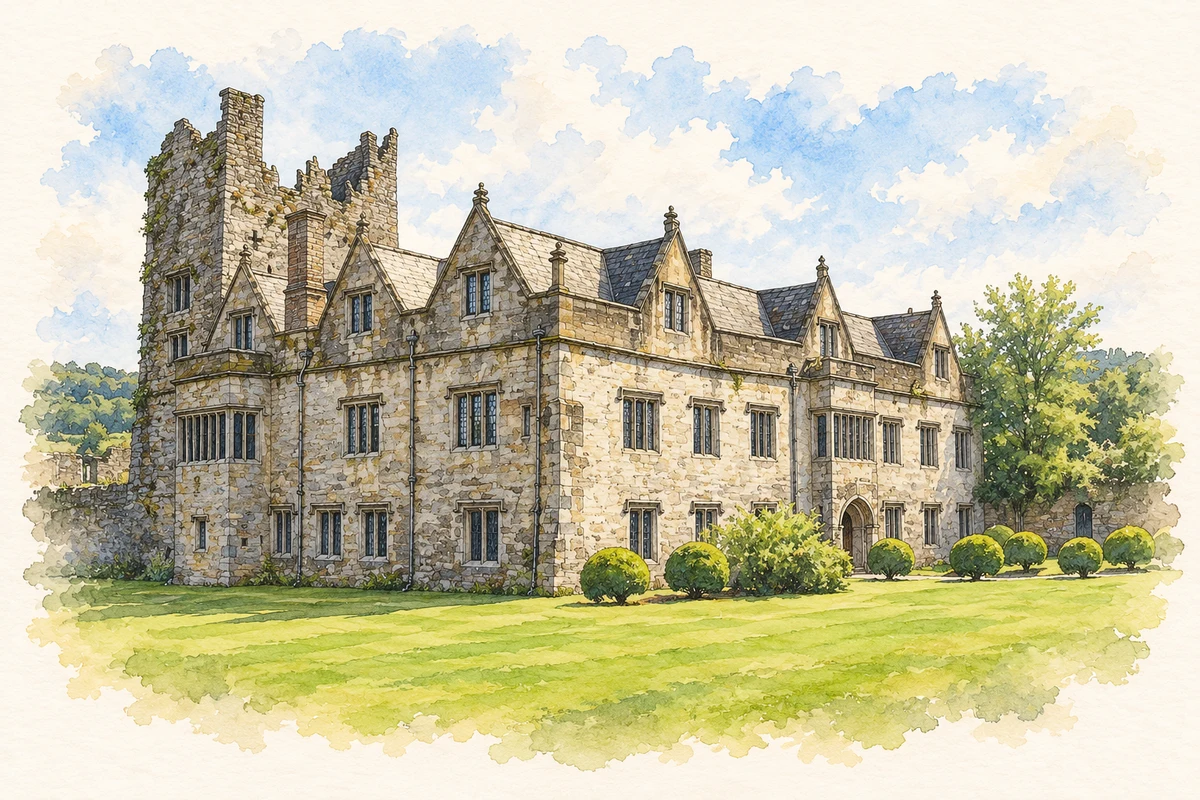 Watercolour and fine ink illustration of Ormond Castle Tudor manor, Carrick-on-Suir, County Tipperary in Carrick-on-Suir.