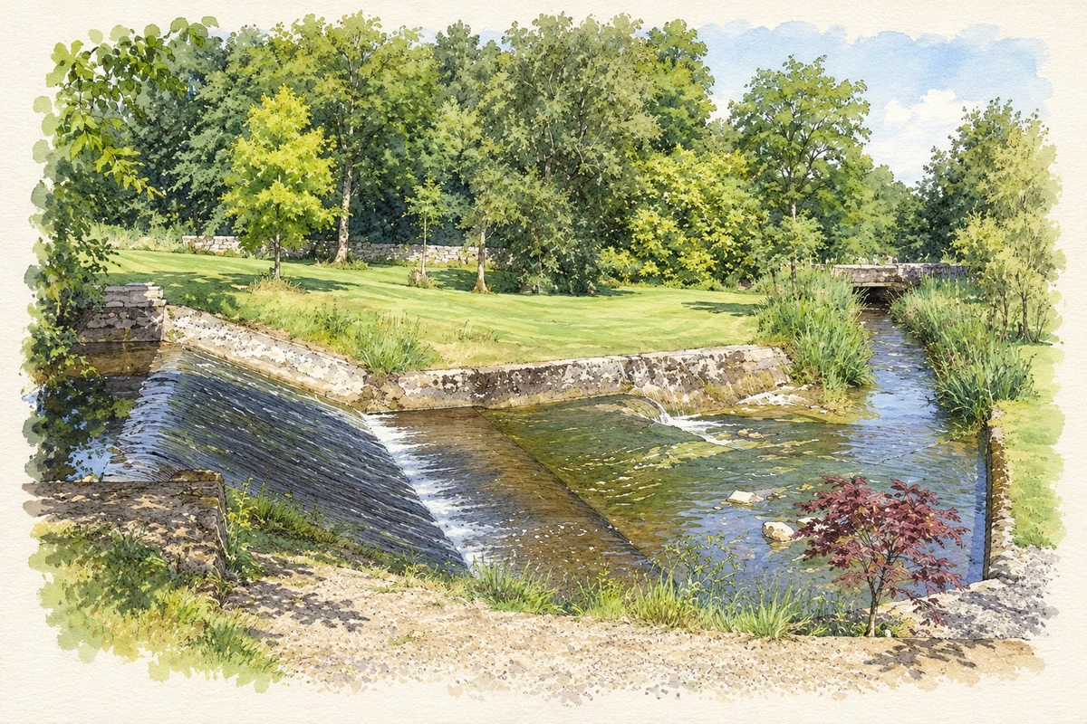 Watercolour and fine ink illustration of Mill weir at Carrigahorig.
