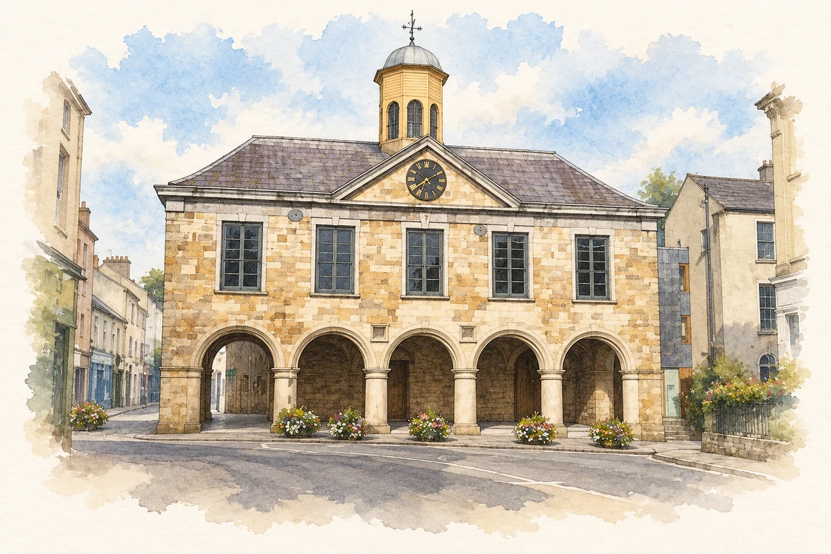 Watercolour and fine ink illustration of The Main Guard, Clonmel, County Tipperary in Clonmel.