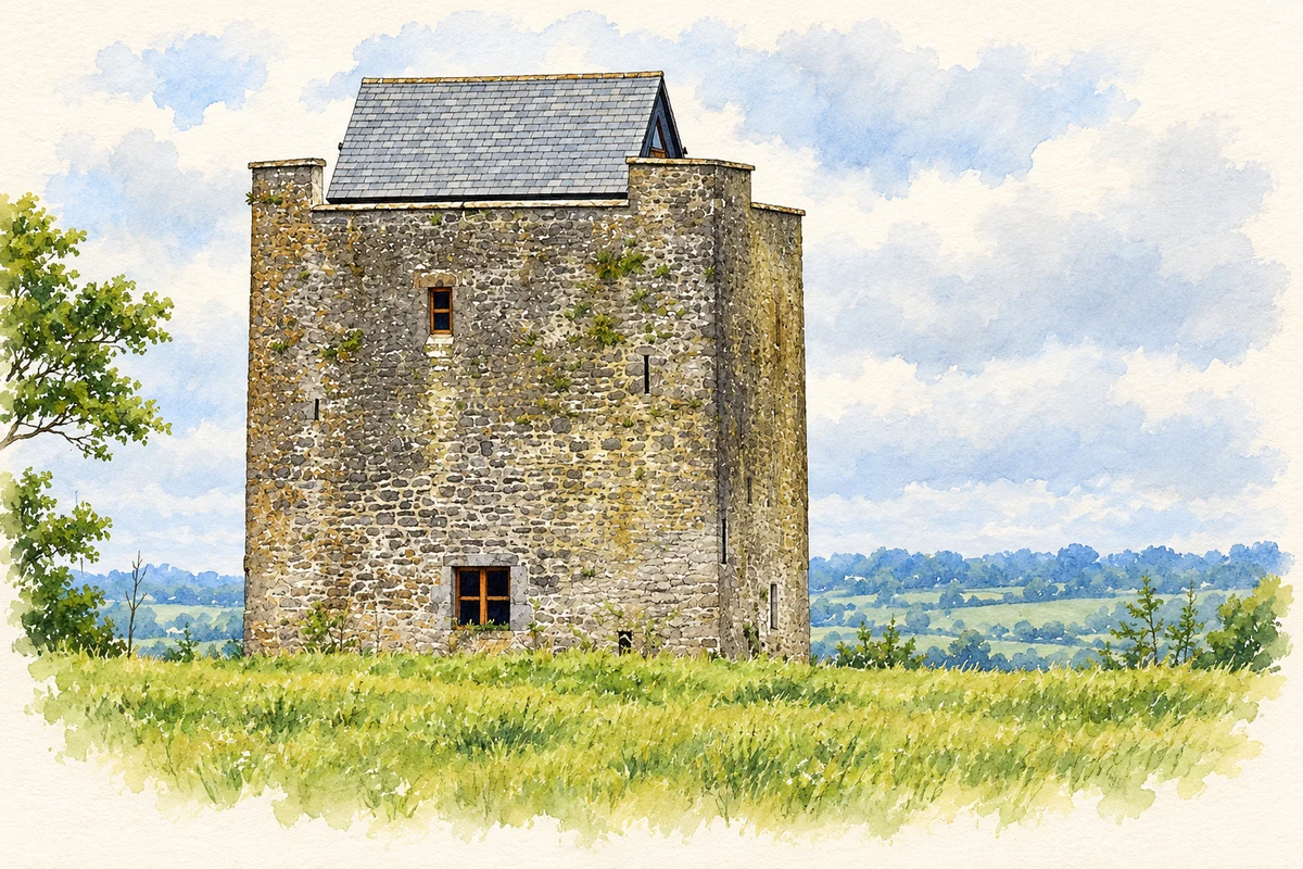 Watercolour and fine ink illustration of Restored Killahara Castle near Dovea, as photographed in 2012.