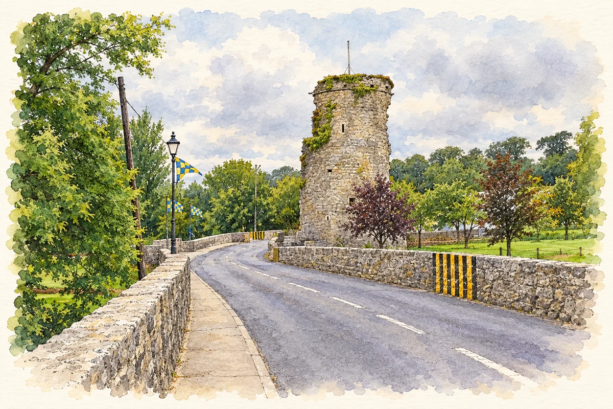 Watercolour and fine ink illustration of Golden Castle tower ruins and bridge over the River Suir, Golden.