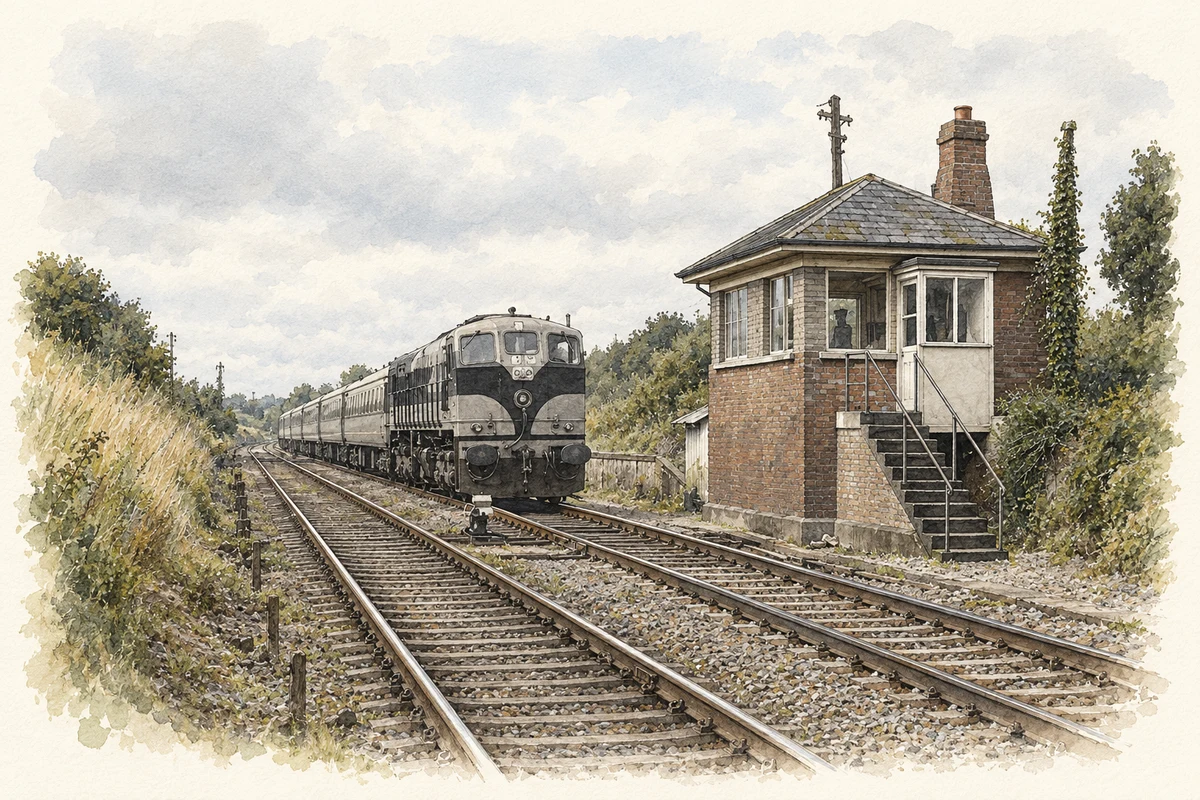 Watercolour and fine ink illustration of Goold’s Cross signal cabin and train, in 1986.
