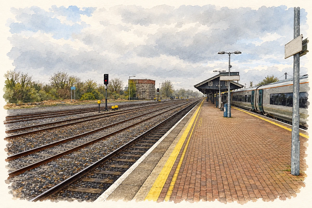 Watercolour and fine ink illustration of Limerick Junction railway station, County Tipperary.