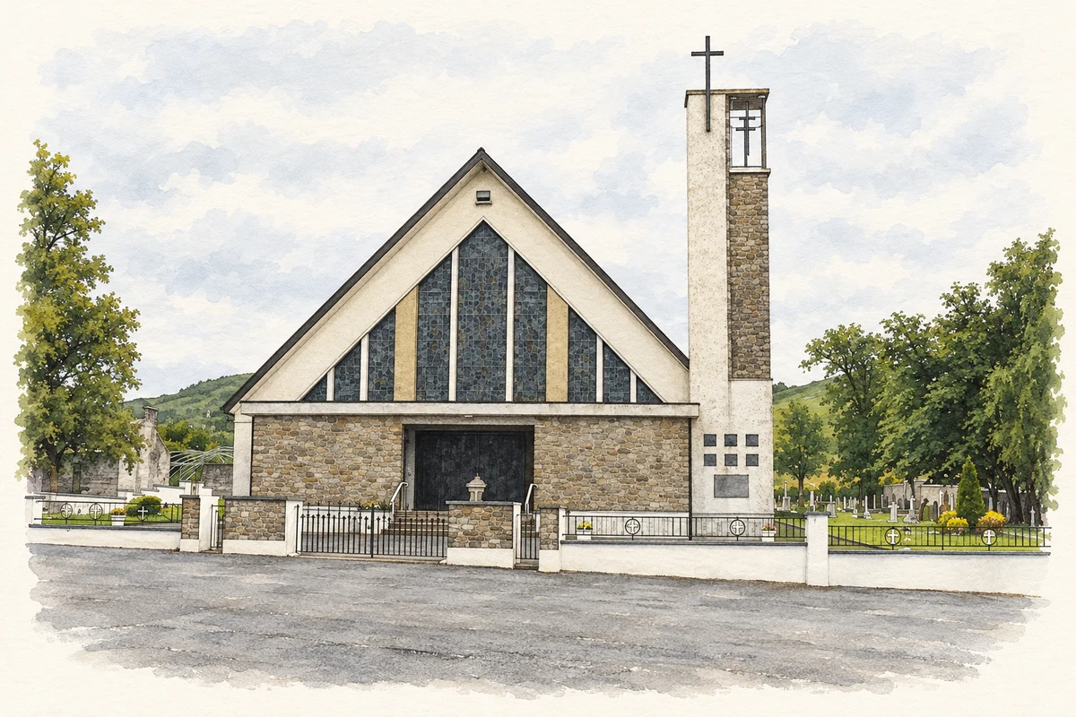 Watercolour and fine ink illustration of Saints Patrick and Oliver Church at Glengoole/New Birmingham, as photographed in July 2014.