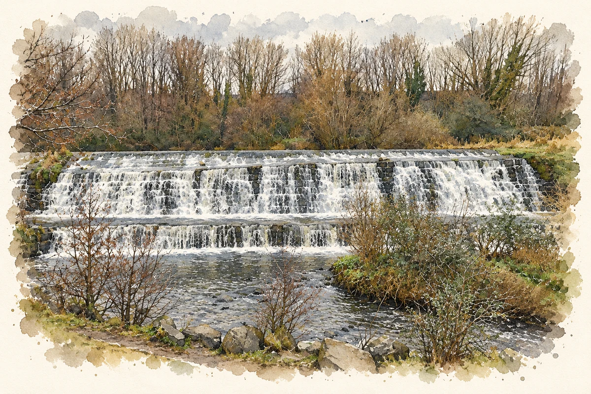 Watercolour and fine ink illustration of Firhouse Weir on the River Dodder.