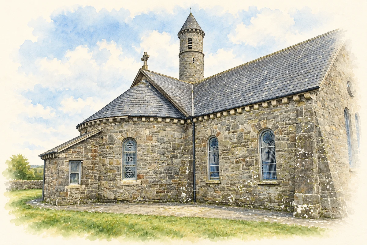 Watercolour and fine ink illustration of Our Lady Star of the Sea Church, Quilty.