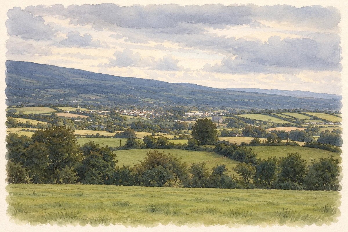 Watercolour and fine ink reconstruction of Scarriff and surrounding countryside as photographed on 2 August 2006.