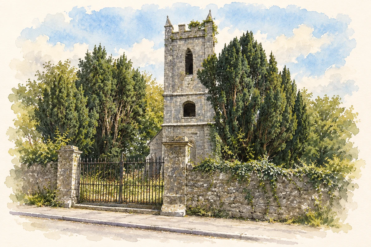 Watercolour and fine ink illustration of Former Clonlea parish church tower, Kilkishen, 2007 view.
