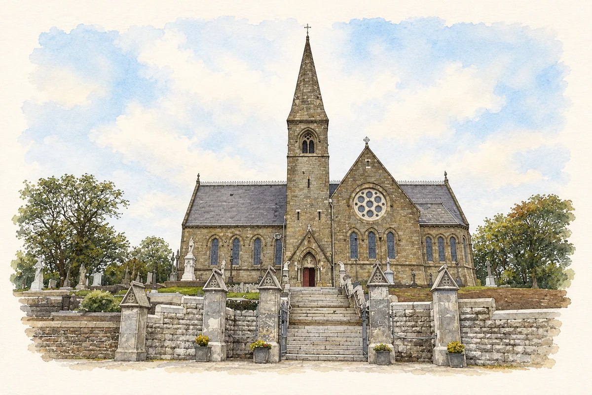 Watercolour and fine ink illustration of Church of the Immaculate Conception, Enniskean.