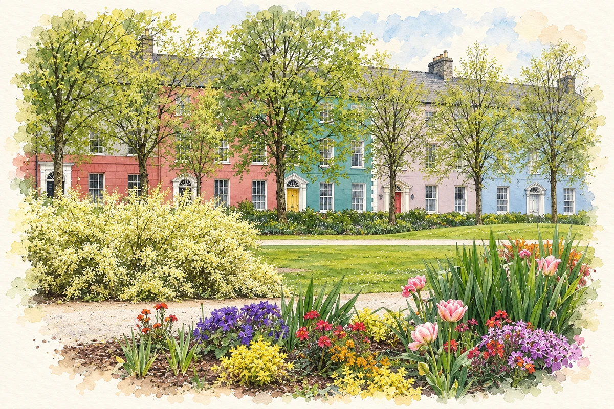 Watercolour and fine ink illustration of Emmet Square gardens and Georgian houses, Clonakilty, County Cork in Clonakilty.