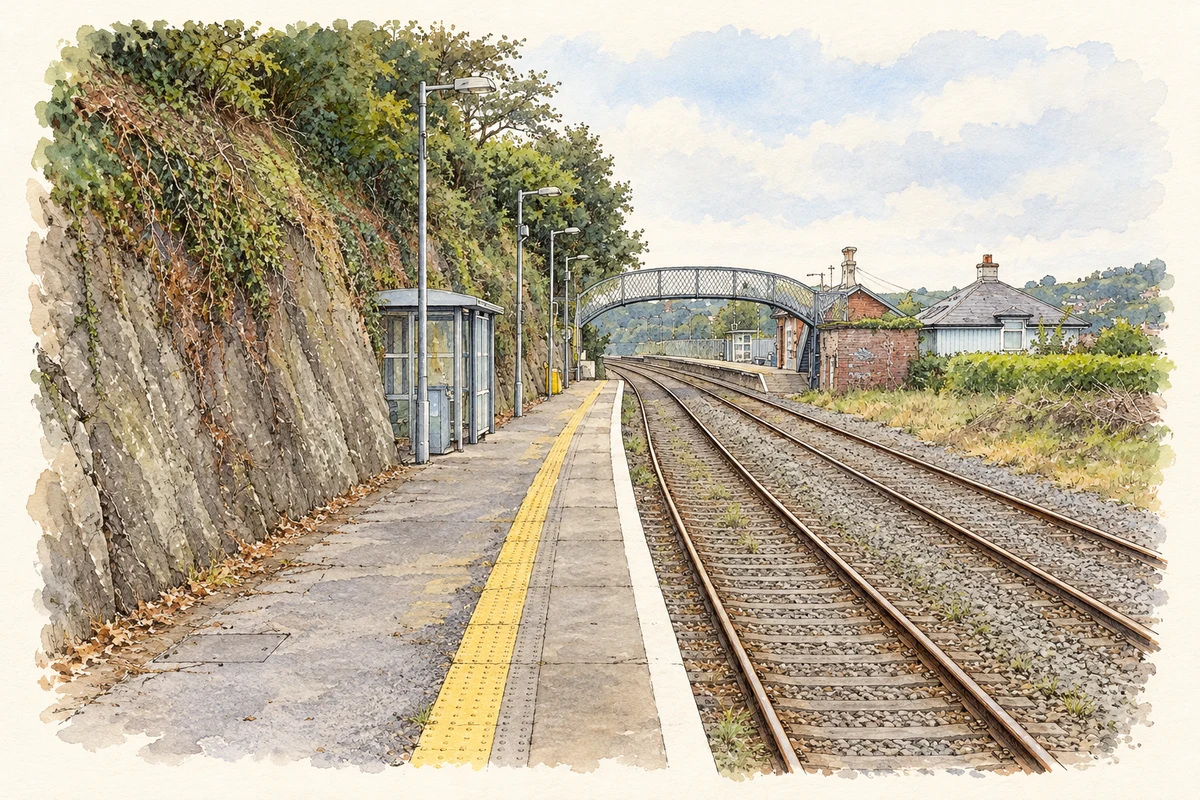 Watercolour and fine ink illustration of Carrigaloe railway station.