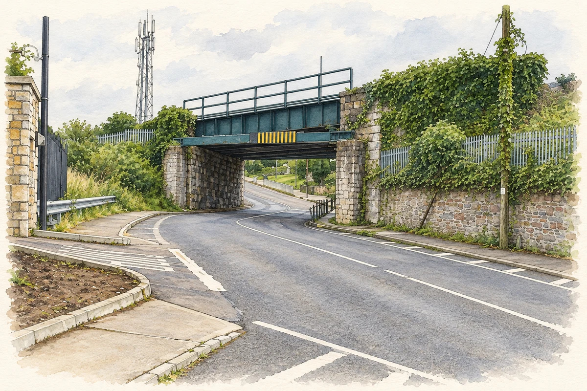 Watercolour and fine ink illustration of The railway bridge over Dublin Hill at Ballyvolane, Cork, as photographed in July 2012.