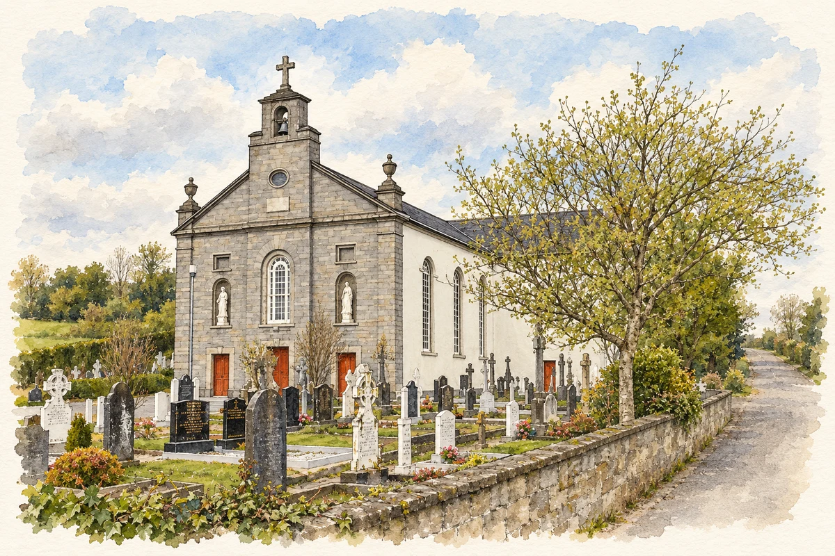 Watercolour and fine ink illustration of St Patrick's Catholic Church, Dunmanway.