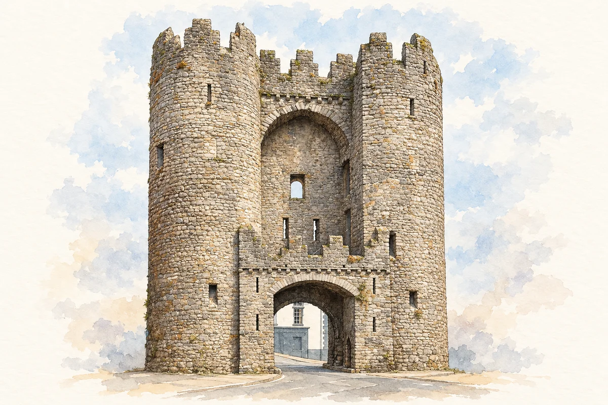 Watercolour-and-ink illustration of the twin stone towers and arches of St Laurence’s Gate, Drogheda